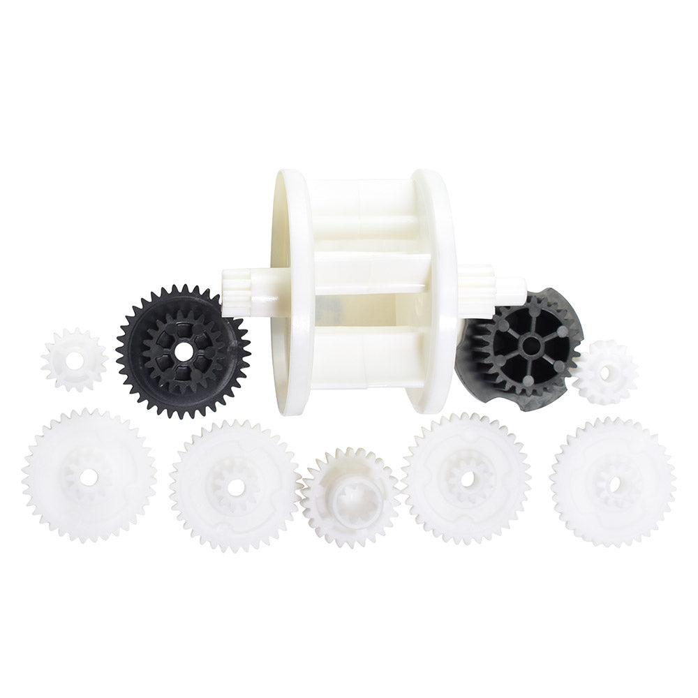 Kreepy Krauly Dominator Lite plastic gear repair kit with white spool, assorted white and black replacement gears on white background