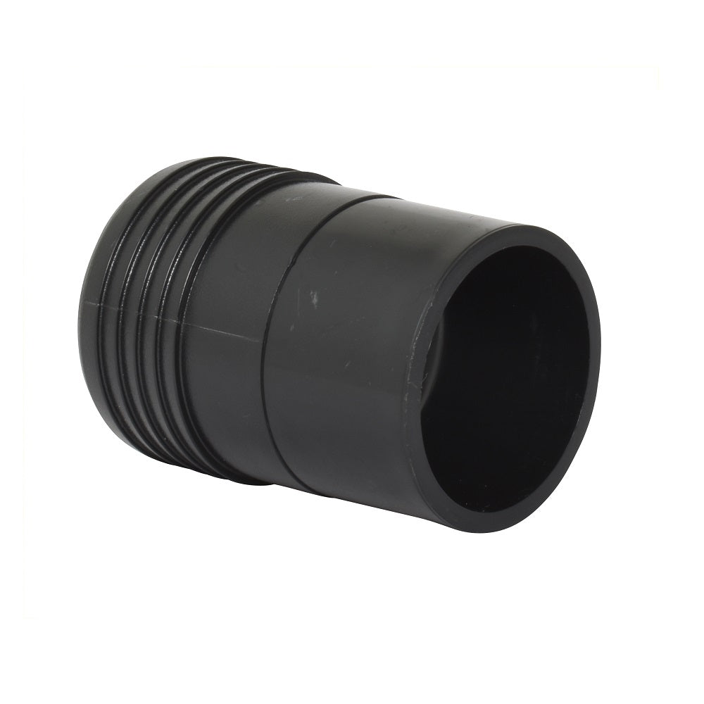 Black plastic poly-to-PVC pipe fitting adapter 50mm with external thread on one end and smooth socket on the other
