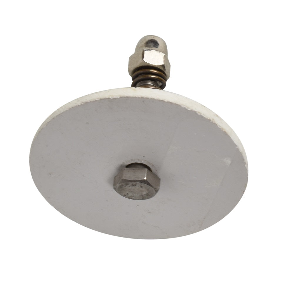 White ceramic vacuum lid release valve with central hex nut, coil spring, and stainless steel bolt assembly
