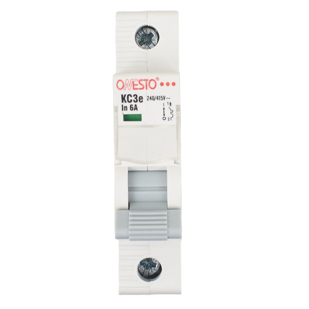 Onesto KC3e single-pole miniature circuit breaker 6A 240/415V white plastic DIN rail MCB with green indicator light