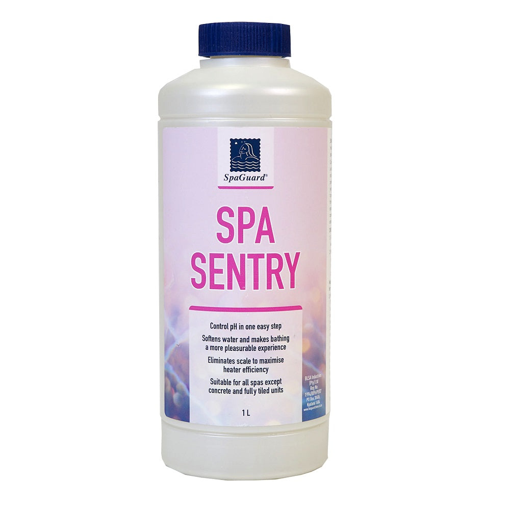 SpaGuard Spa Sentry 1L white plastic bottle with navy blue cap and pink label, hot tub pH control chemical treatment liquid