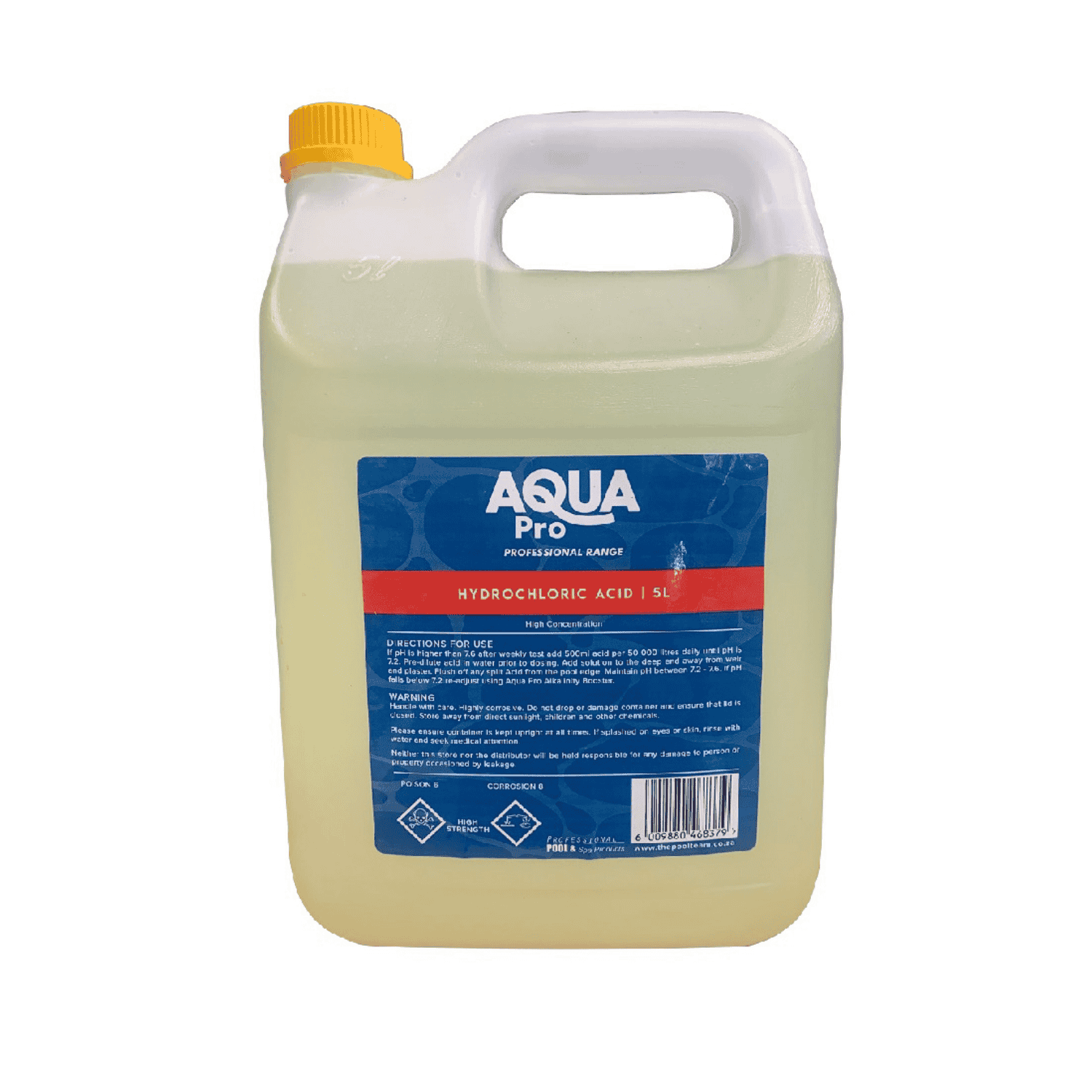 Aqua Pro Hydrochloric Acid 5L in a white plastic jerry can with yellow cap and blue label