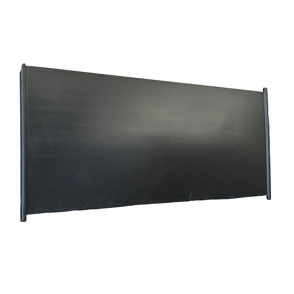 Solar pool heating panel black rubber mat 1.25m x 3m with dark cylindrical manifold headers on each end