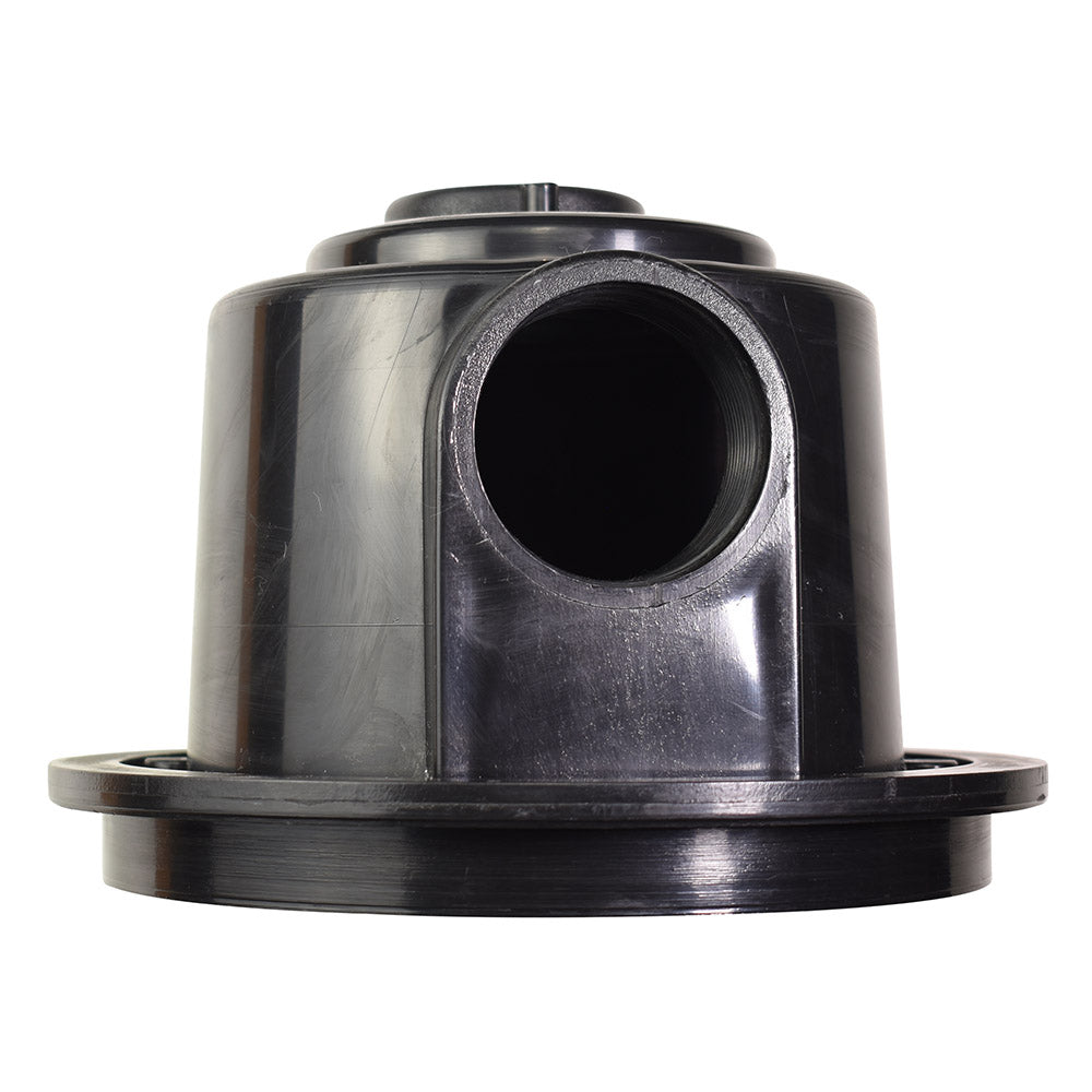 Black plastic pool bottom drain housing with circular side opening, domed top, and wide flanged base ring