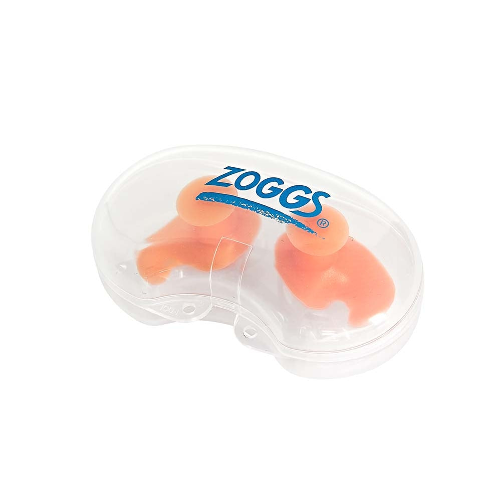 Zoggs Aqua Plugz Junior silicone ear plugs in orange, stored in a clear plastic carry case