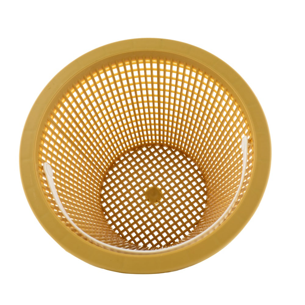 Yellow plastic pool skimmer weir basket with wide mesh grid pattern and flat rimmed edge, viewed from above
