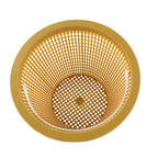 Yellow plastic pool skimmer weir basket with wide mesh grid pattern and flat rimmed edge, viewed from above