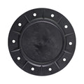 Black rubber filter lid with raised centre dome, ribbed flange, and 12 evenly spaced bolt holes around outer ring