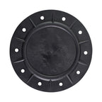 Black rubber filter lid with raised centre dome, ribbed flange, and 12 evenly spaced bolt holes around outer ring