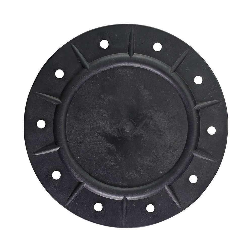 Black rubber filter lid with raised centre dome, ribbed flange, and 12 evenly spaced bolt holes around outer ring