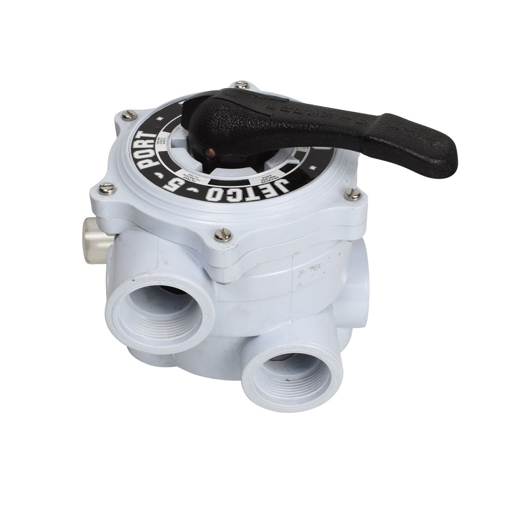 Jetco 5-port multiport valve white PVC body with black rotary handle and threaded inlet outlets for pool filter systems