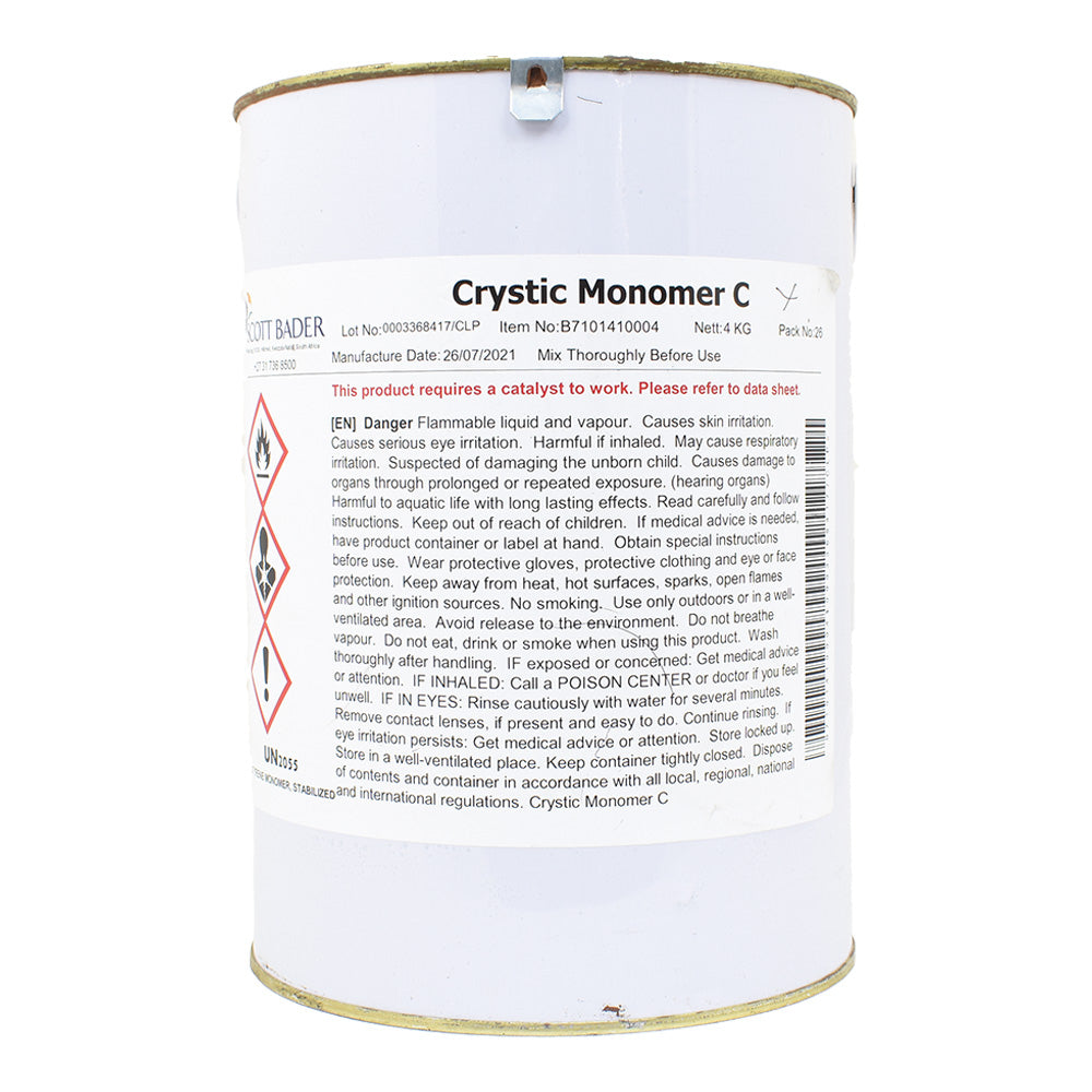 Scott Bader Crystic Monomer C styrene monomer 4kg white metal tin with hazard warning labels and safety instructions