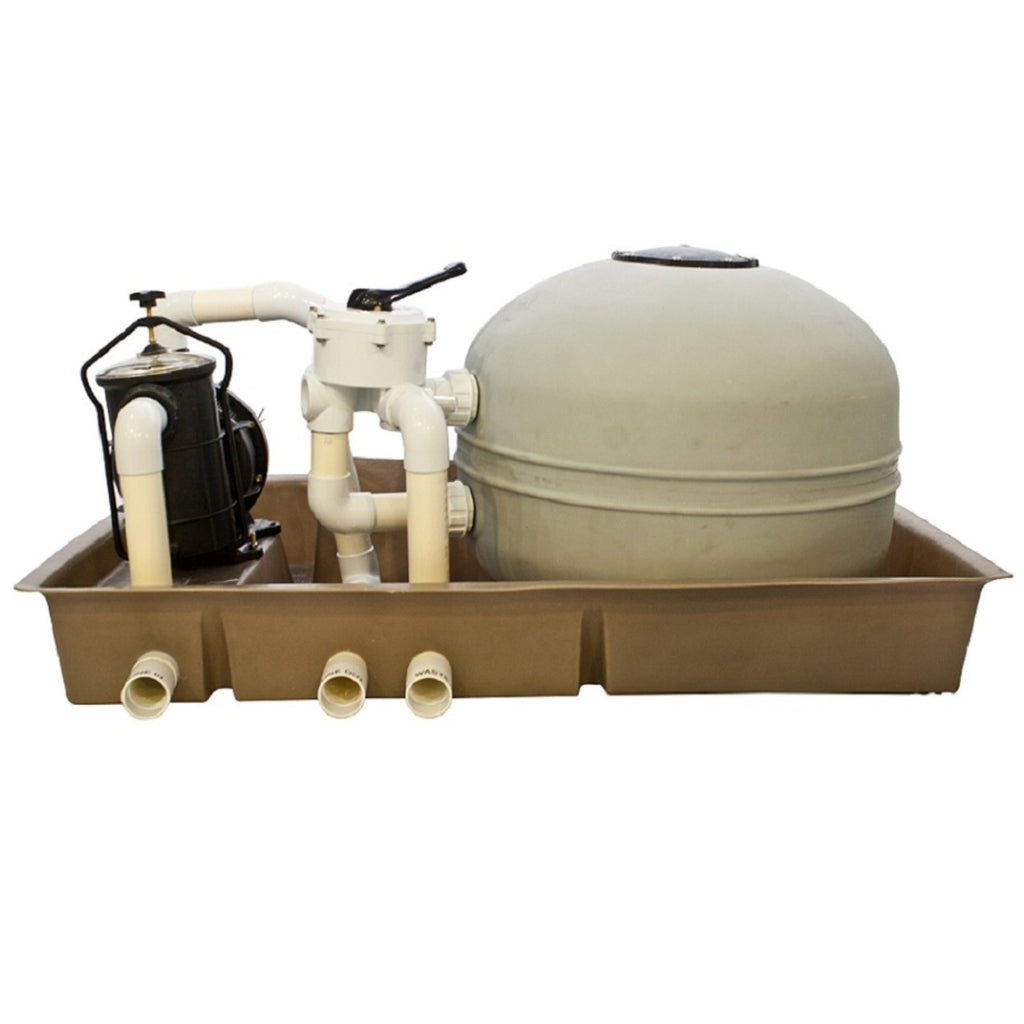 EQ Eartheco 0.6kW pump and sand filter combi unit on a tan containment tray, with white PVC pipework and multiport valve