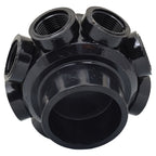 Black plastic multi-port filter collector body with threaded female inlets and large smooth outlet opening