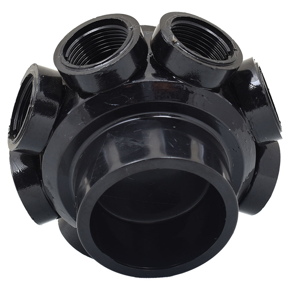 Black plastic multi-port filter collector body with threaded female inlets and large smooth outlet opening