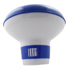 Floating pool chlorine dispenser in white and blue plastic with adjustable vented base and dome lid