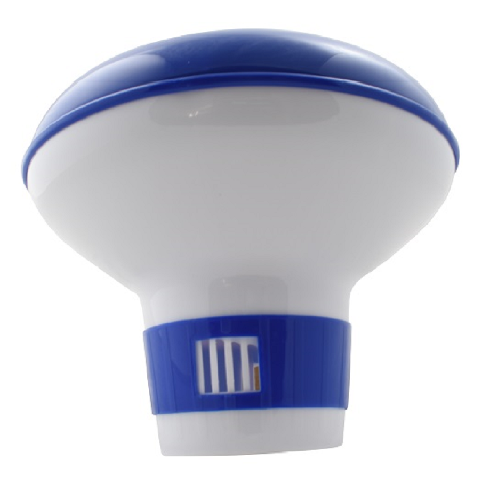 Floating pool chlorine dispenser in white and blue plastic with adjustable vented base and dome lid