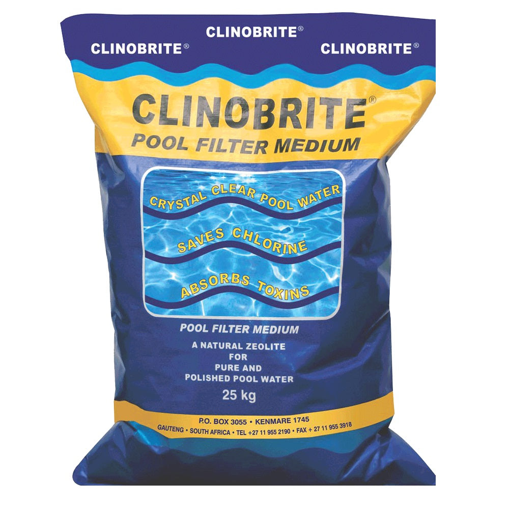Clinobrite Pool Filter Medium 25kg bag in blue and yellow packaging, natural zeolite pool filter media