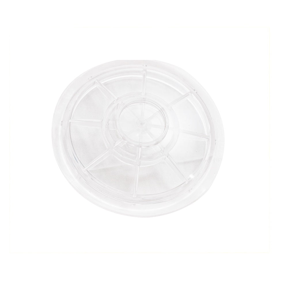 Clear plastic circular pump lid with ribbed spoke pattern and central raised hub, fitting EartheCo and Quality pumps