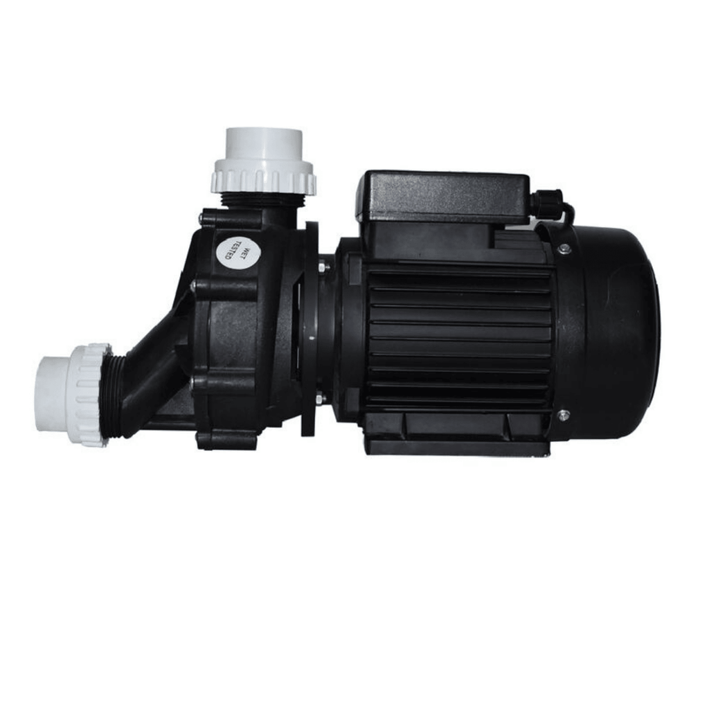 Black Quality Spa Pump 1.1kW Self Draining with ribbed motor housing and two white threaded inlet/outlet fittings, on white background