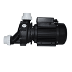 Black spa pump 0.75kW with ribbed motor housing, white threaded inlet and outlet ports, self-draining design