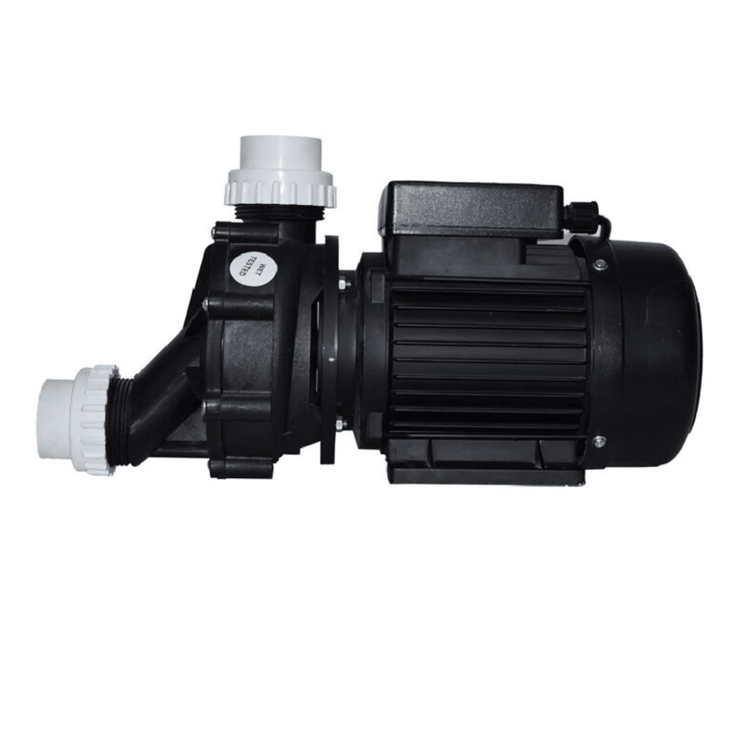Black spa pump 0.75kW with ribbed motor housing, white threaded inlet and outlet ports, self-draining design