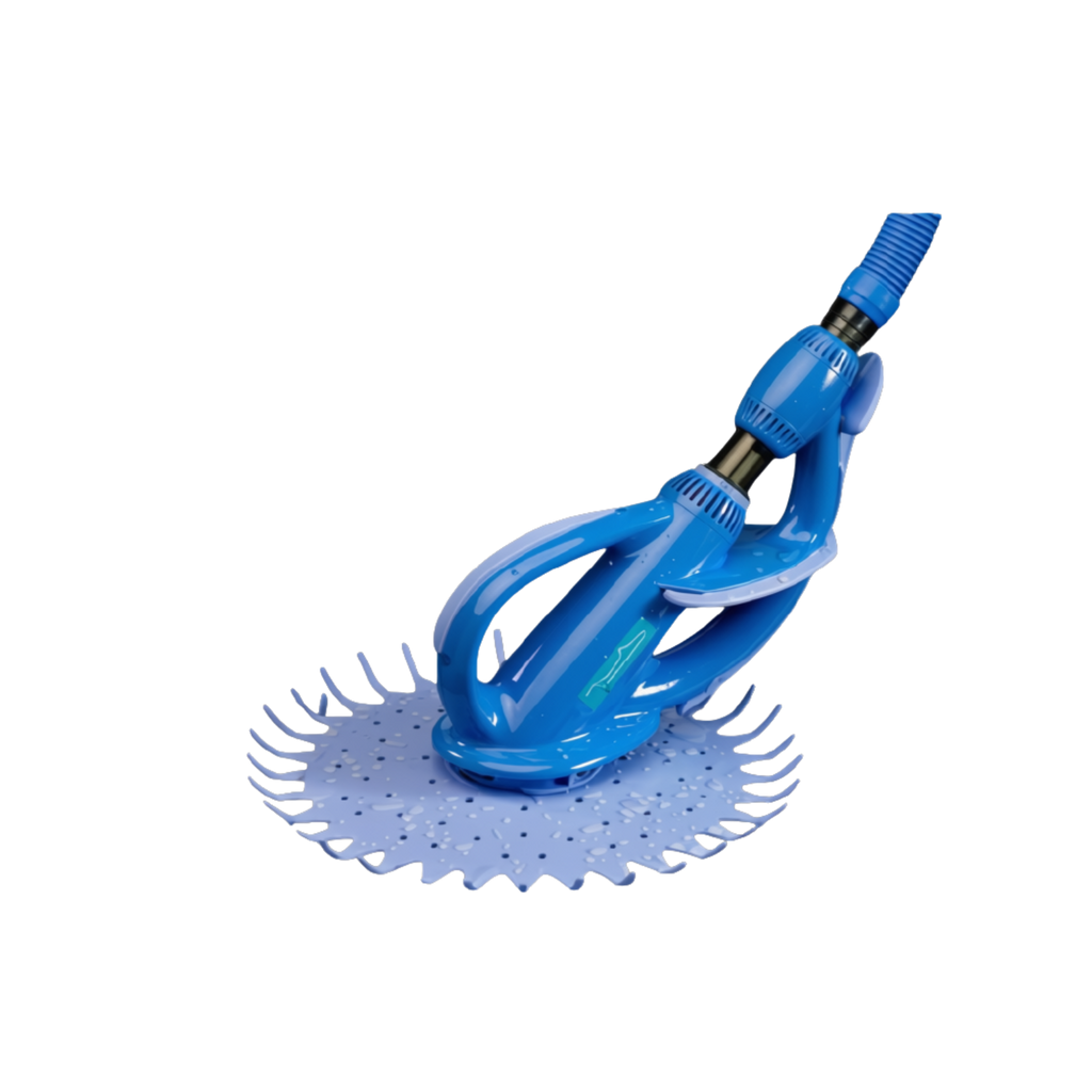 Blue Kreepy Krauly Tiger Shark suction pool cleaner with circular spiked base and flexible hose connector, on white background