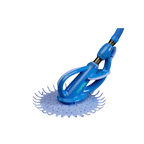 Blue Kreepy Krauly Tiger Shark suction pool cleaner with circular spiked base and flexible hose connector, on white background