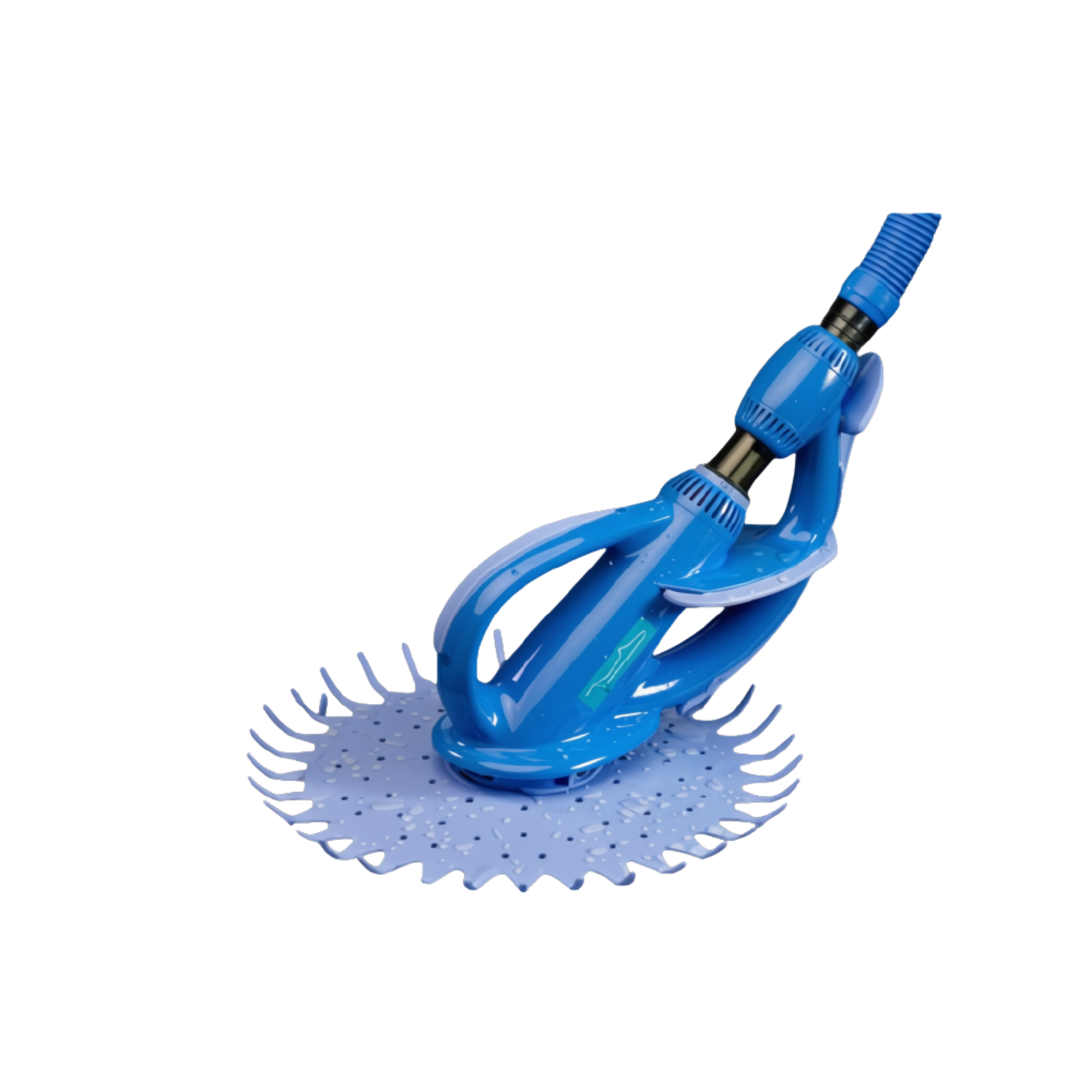 Blue Kreepy Krauly Tiger Shark suction pool cleaner with circular spiked base and flexible hose connector, on white background