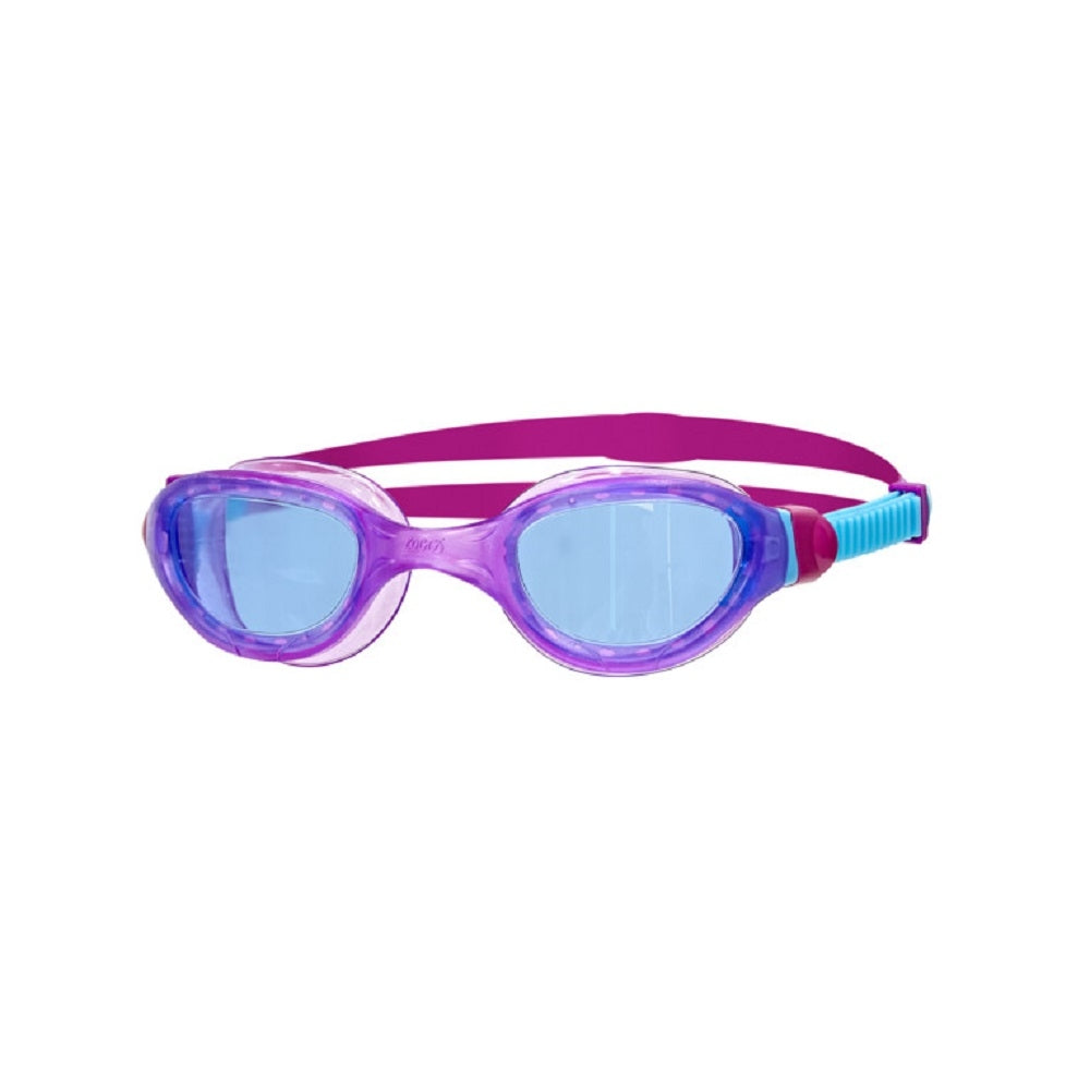 Zoggs Phantom Junior swim goggles in translucent purple frame with blue tinted lenses and pink strap with aqua blue side clips
