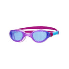Zoggs Phantom Junior swim goggles in translucent purple frame with blue tinted lenses and pink strap with aqua blue side clips