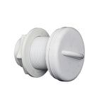 White plastic air control plug with threaded barrel, flat disc cap with centre slot, and hexagonal flange base