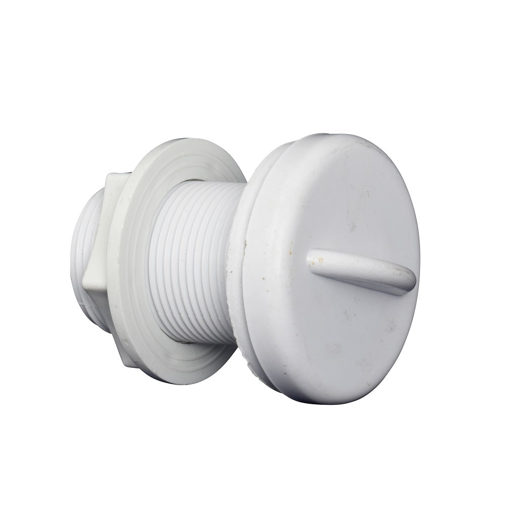 White plastic air control plug with threaded barrel, flat disc cap with centre slot, and hexagonal flange base