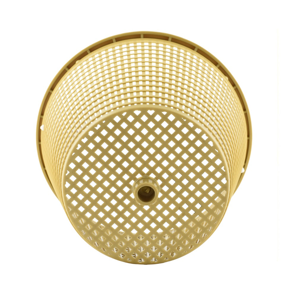 Weir basket beige plastic cylindrical pool skimmer with diamond lattice perforations and centre drain hole, viewed from below