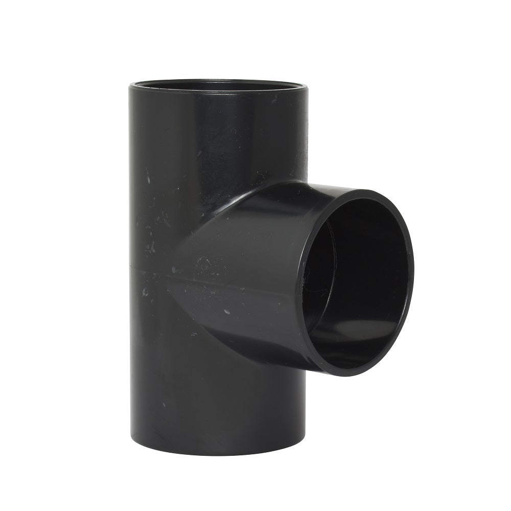Black PVC 50mm tee pipe fitting with three open socket ends in a T-shape configuration