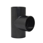 Black PVC 50mm tee pipe fitting with three open socket ends in a T-shape configuration