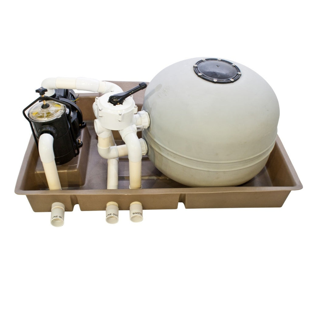 EQ Eartheco 1.1kW pump and sand filter combi unit on beige tray, with white PVC pipework and labelled line in, line out, and waste ports