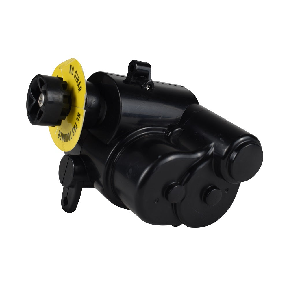Black plastic power steering pump with yellow caution tag on shaft, compact cylindrical body with mounting bracket and multiple ports