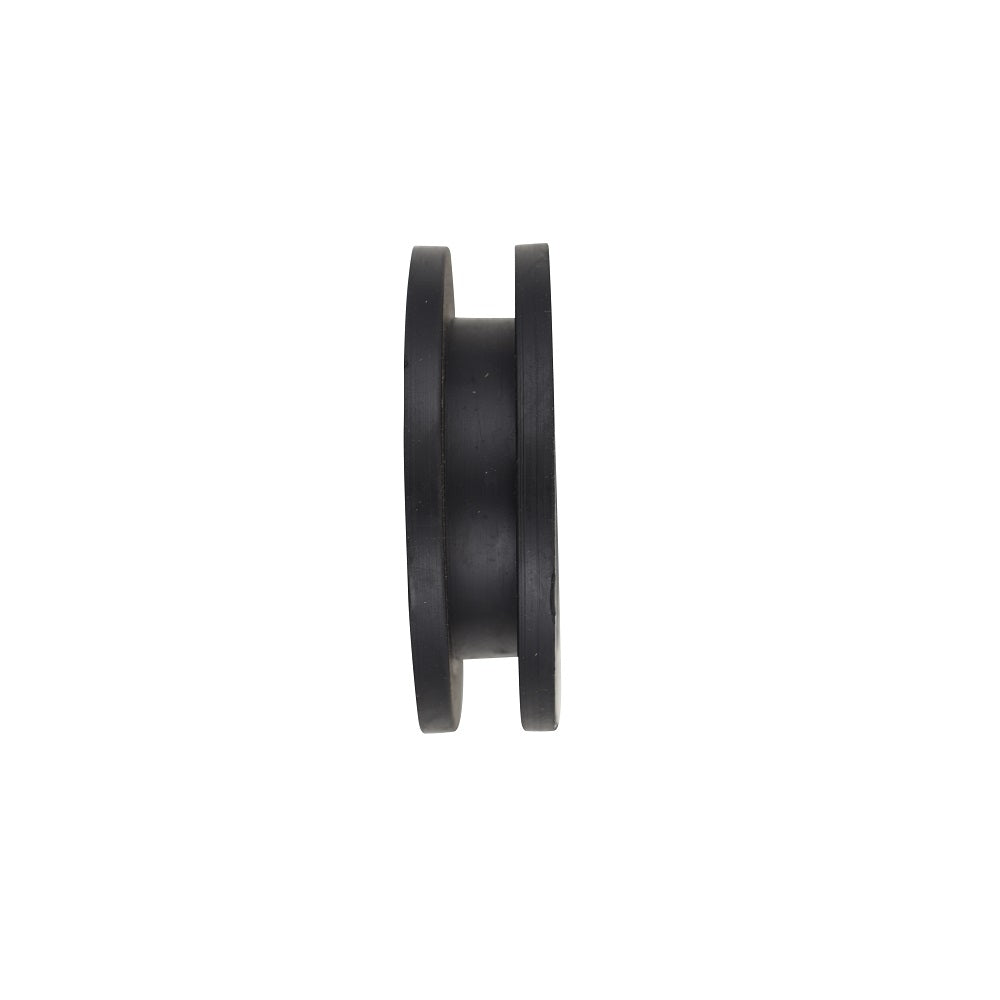 Black rubber profile gasket with raised flanged edges and grooved centre channel, side profile view on white background