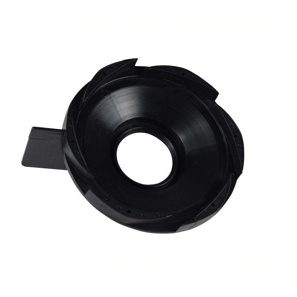 Black plastic pump diffuser with circular central opening, tabbed edges and side outlet, compatible with 0.45kW–1.1kW pumps