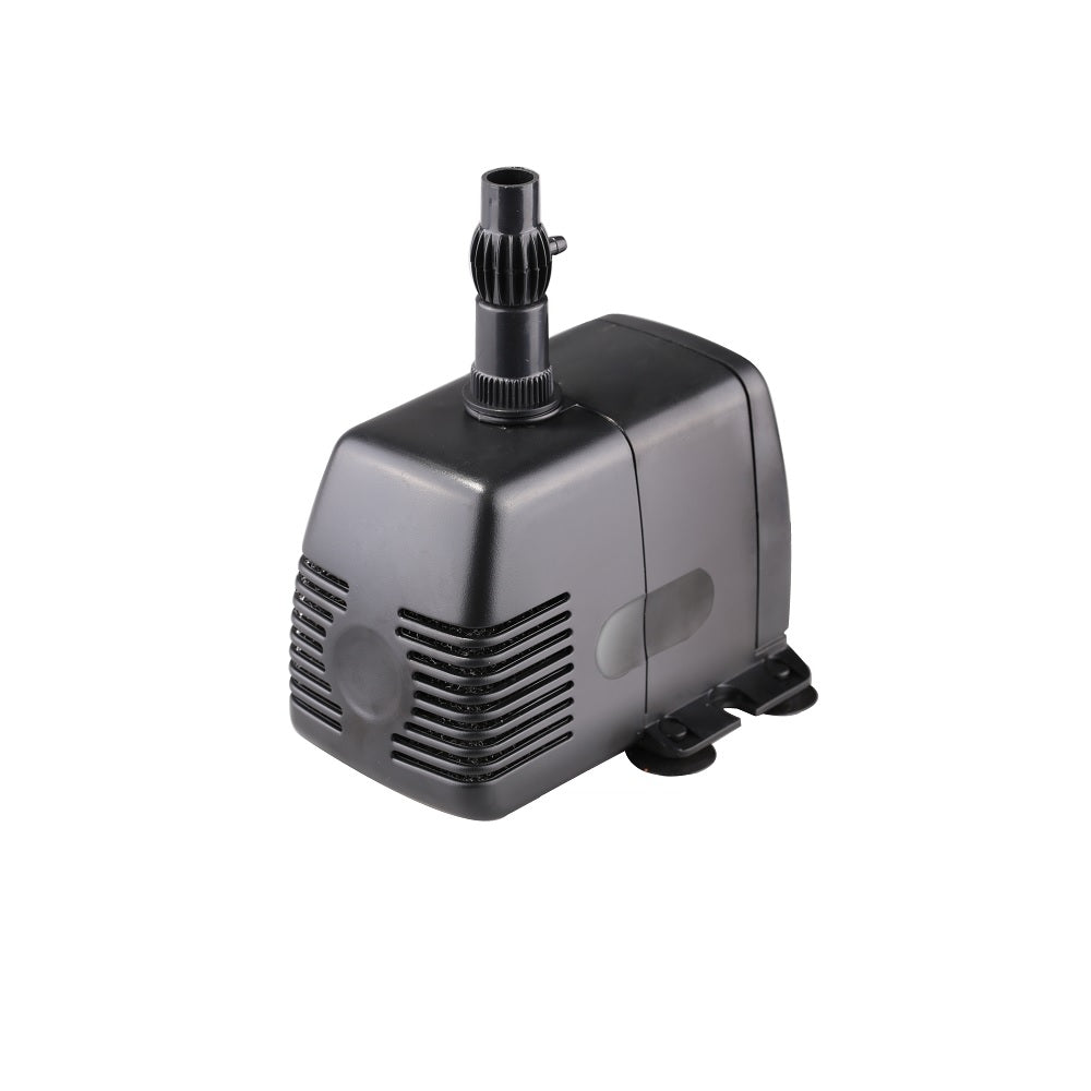 Submersible water pump dark grey plastic housing with top outlet nozzle, ventilation grilles, and rubber suction cup feet base