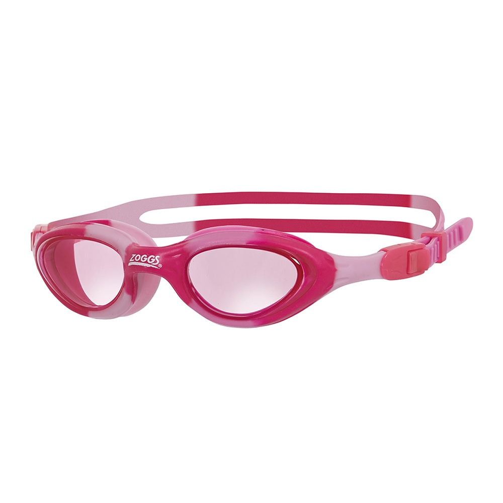 Zoggs Super Seal kids swim goggles in pink with tinted lenses, adjustable dual silicone strap and quick-release buckle clip
