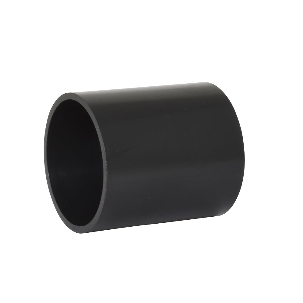 Black PVC 50mm straight pipe coupling connector with smooth cylindrical body and open ends