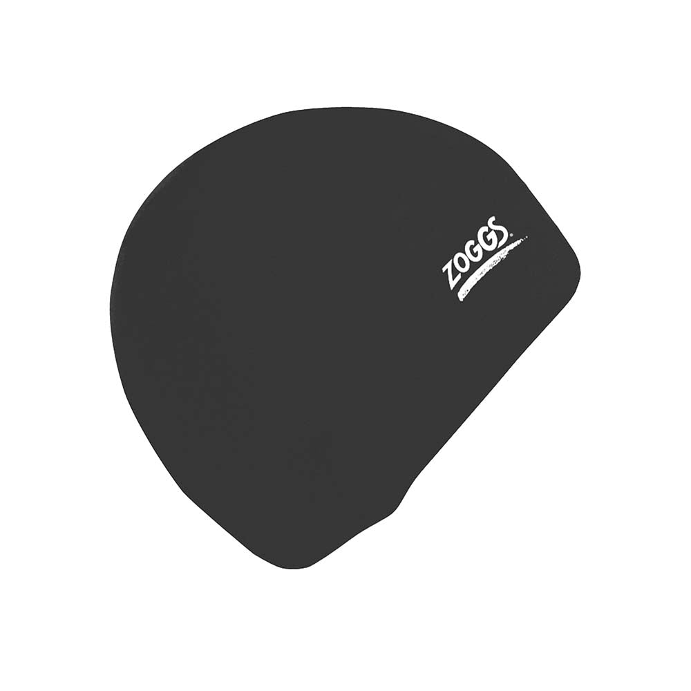 Black Zoggs Latex Swimming Cap shown flat against white background, smooth plain finish with white Zoggs logo