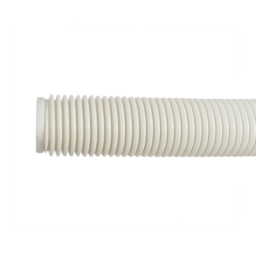 White ribbed flexible plastic pool cleaner hose with spiral corrugated design and open circular end fitting