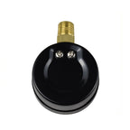 Black round pressure gauge back housing with brass NPT threaded stem and two silver terminal screws, knurled metal base ring