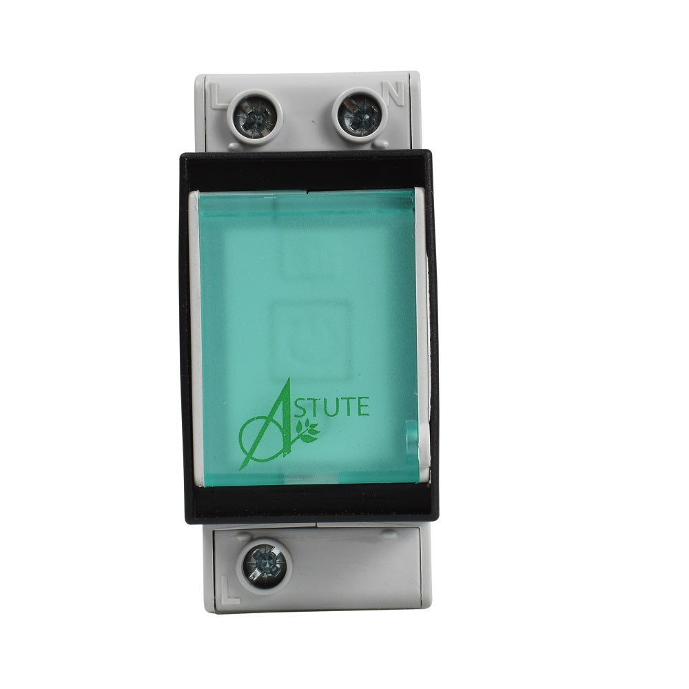 Astute-branded DIN rail WIFI Time Switch with translucent green display cover, grey housing, and L/N screw terminals on white background