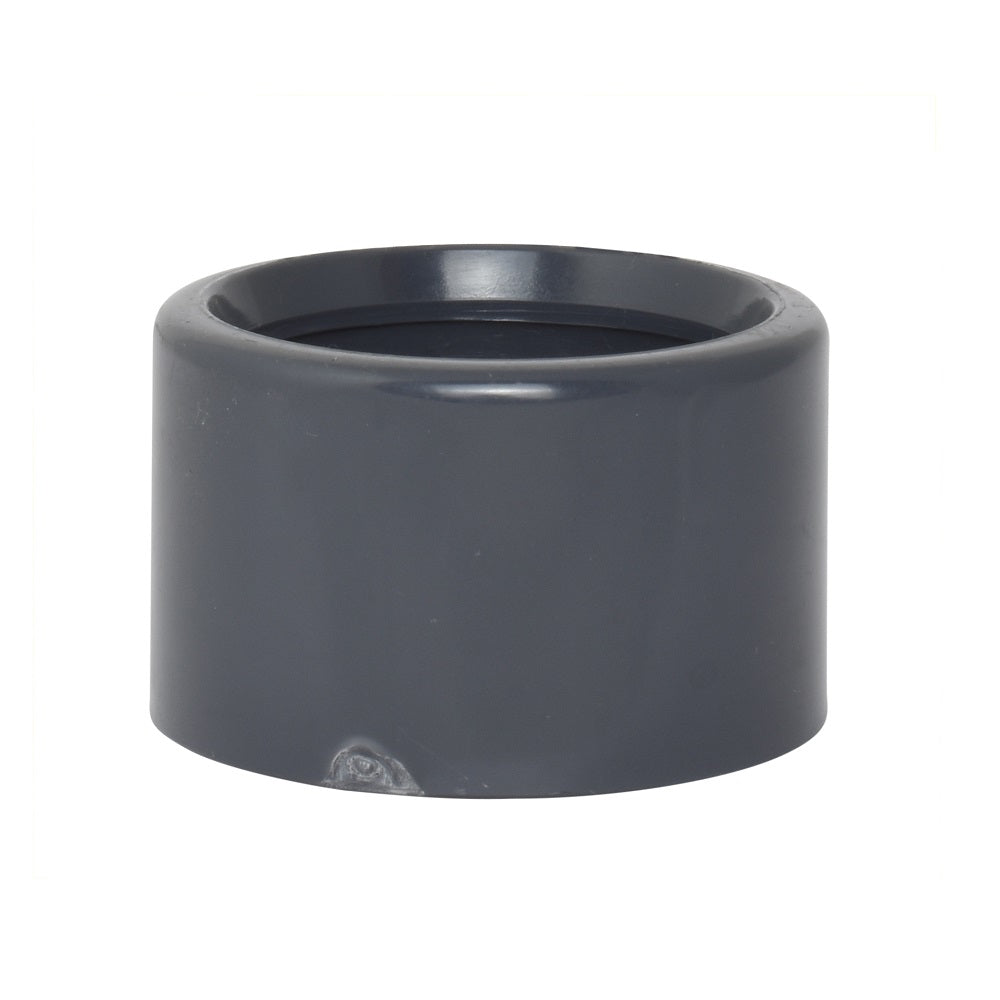 Grey PVC pipe reducer bushing 63mm to 50mm with smooth cylindrical body and open socket end