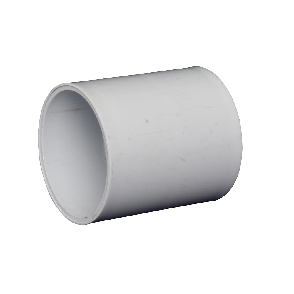White PVC 50mm straight pipe coupling connector with smooth cylindrical body and open socket ends