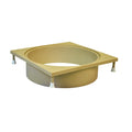 Beige plastic weir deck collar with square flange, circular opening, and adjustable leg feet for pool skimmer installation